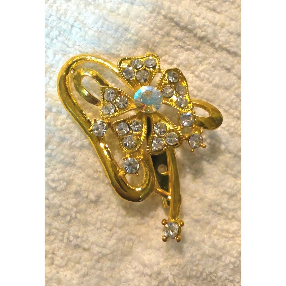 Vintage Gold Tone Floral Rhinestone Brooch Pin Aurora Borealis AB 2.5"